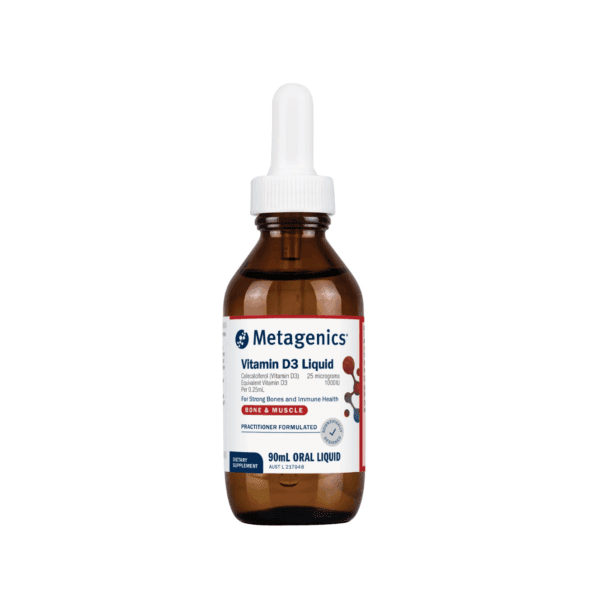 A 90mL brown glass bottle of Vitamin D3 90ml Liquid by Metagenics with a white dropper cap and label highlighting dosage, bone and immune health benefits.